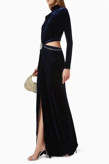 Jeweled-Belt Maxi Dress in Velvet