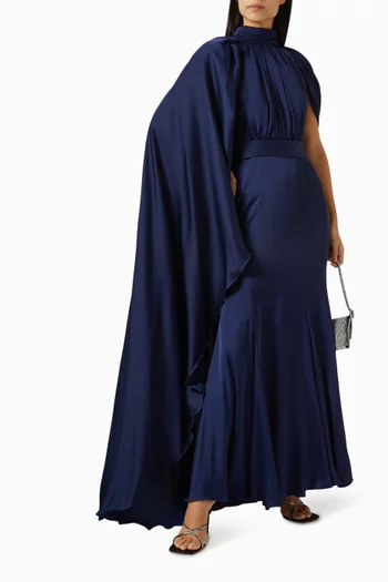Draped Cape-sleeve Maxi Dress in Satin