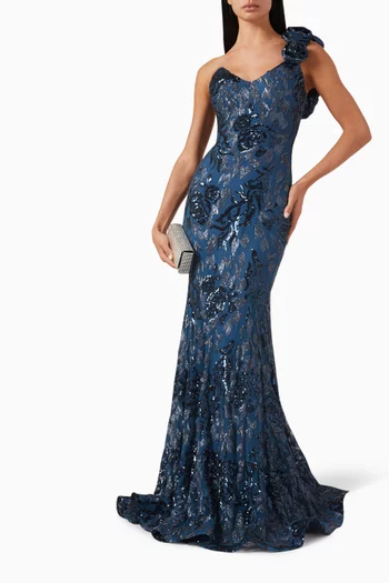 Sequin Embellished One Shoulder Gown in Lace