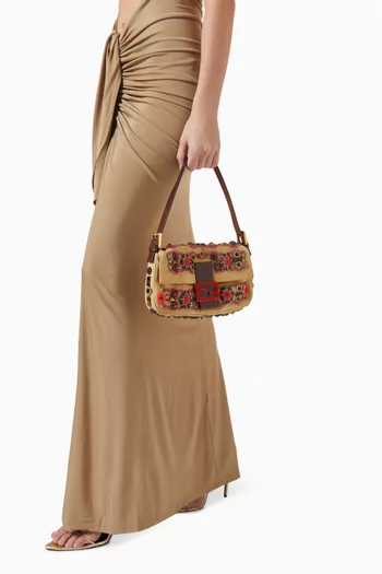 Bead-embellished Baguette Shoulder Bag in Suede