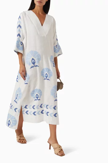 Embroidered Peacock Maxi Dress in Linen
