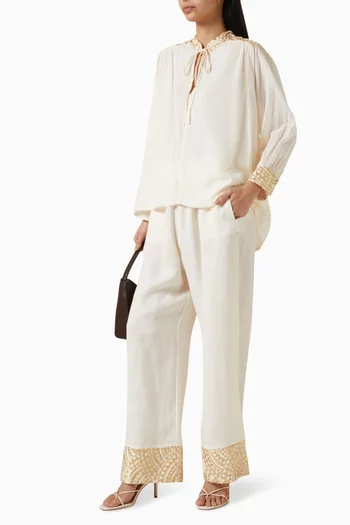 Embroidered Cuff Pants in Linen-blend