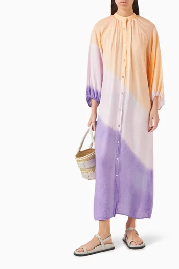 فستان أنابيل متوسط الطول بألوان متدرجة مزيج نايلون مجعد