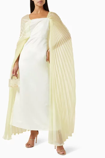Pleated Cape-sleeve Maxi Dress in Stretch-satin