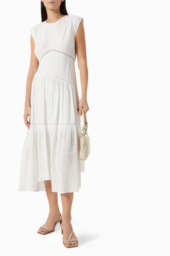 Gathered Seam Lace Inset Midi Dress in Linen-blend