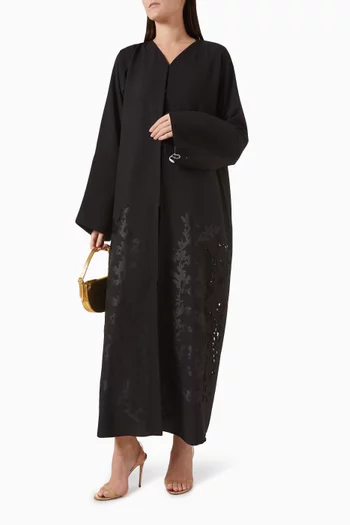 Laser Cut-work Embroidered Abaya in Mixed Linen