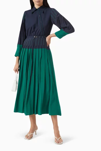 فستان كلوروفيل بنمط قميص متوسط الطول بطيات رايون حرير