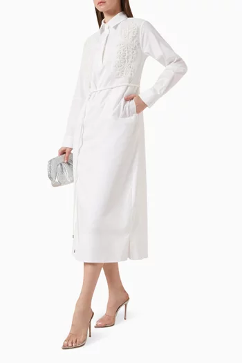 Embroidered Belted Dress in Cotton