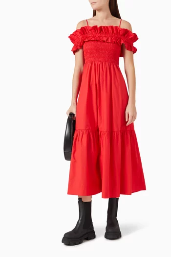 Smocked Midi Dress in Cotton-poplin