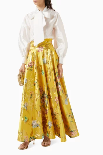 Floral Flared Maxi Skirt in Satin-jacqaurd