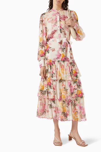 Floral Belted Ruffled Midi Dress