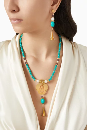 Tiki Tribal Turquoise Sautoir Necklace in 14kt gold-plated metal