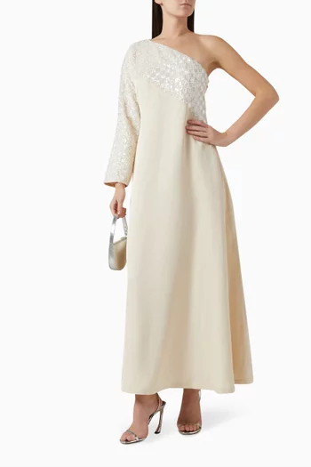 Embellished One-shoulder Maxi Dress in Cotton & Silk