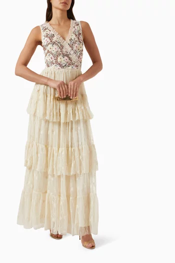 فستان طويل بتصميم ملفوف مطرز بزهور تول