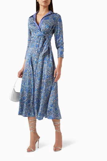 فستان متوسط الطول بنمط قميص مزين بنقشة زهور فيسكوز
