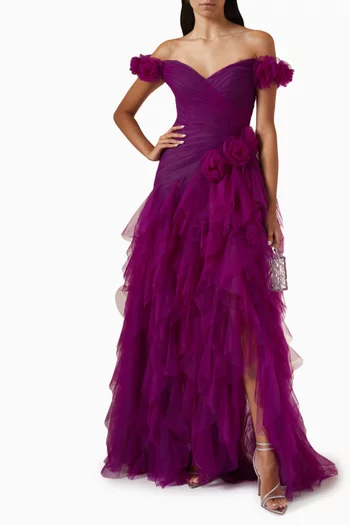 Off-shoulder Ruffle Gown in Tulle