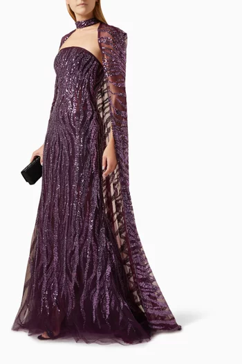 Glitter-embellished Detachable Cape Gown in Mesh-tulle