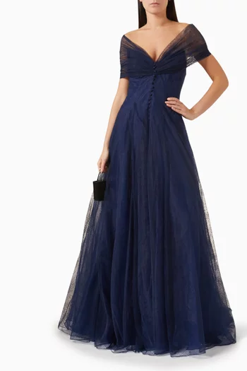 Draped off-the-shoulders dress with abuttoned-down front, and a gathered bowclosure at the back.:Navy    :40|217207820