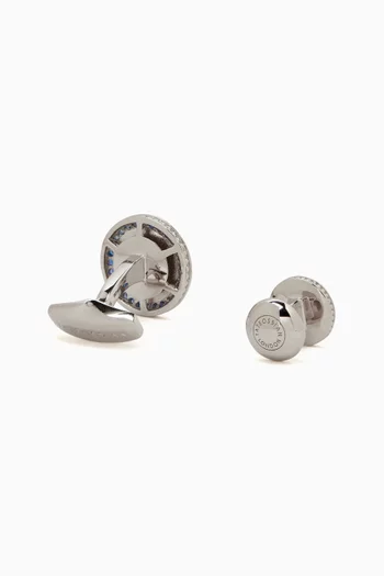 Button Mother-of-Pearl & Sapphires Cufflinks & Stud Set in Sterling Silver