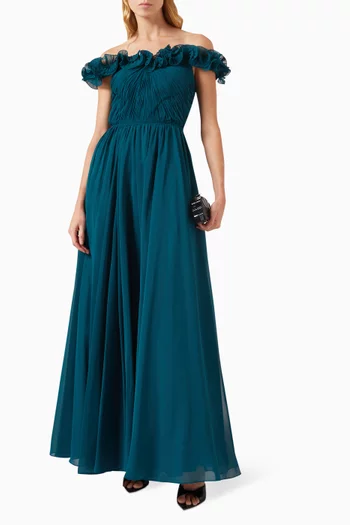 Ruched Off-shoulder Gown in Tulle