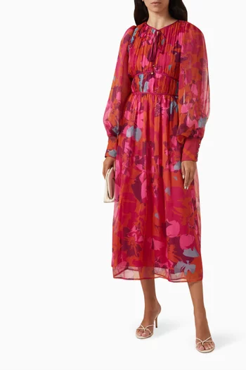 Pleated Floral-print Midi Dress