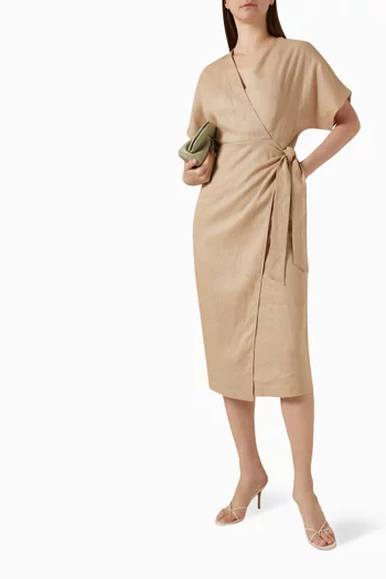 Belted Wrap Midi Dress in Linen
