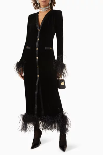 Feather-trim Midi Dress in Velvet