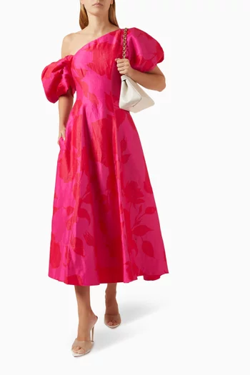 Arista Tulip-sleeve Midi Dress in Linen-blend