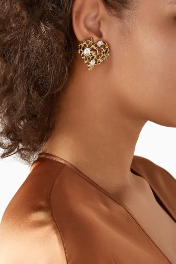 Coral Heart Crystal Clip Earrings in Brass