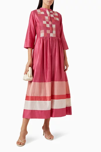 Pintuck Colour-block Yoke Dress in Silk-chanderi