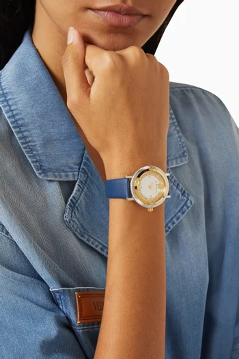 Greca Flourish Quartz Watch in Stainless Steel & Leather, 35mm