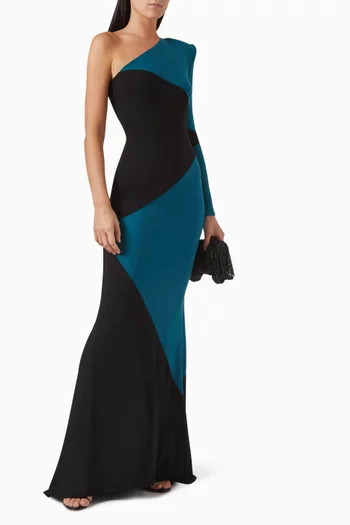 AHEAD OF THE GAME GOWN- FULLY LINED ONE SLEEVE JERSEY GOWN WITH CONTRAST PANELS & SHOULDER ACCENTS:Multi Colour:6|217412052