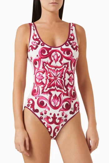 Majolica-print Racing One-piece Swimsuit in Stretch Nylon