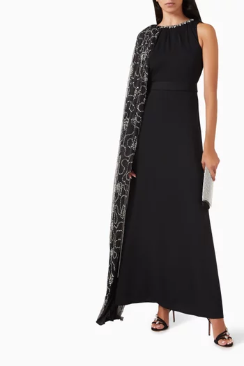 Embellished Cape Maxi Dress in Lace & Crepe