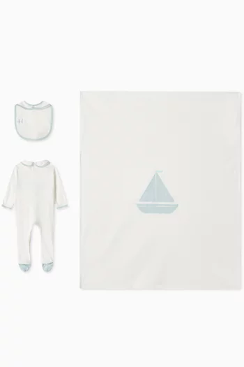 Sailboat Sleepsuit, Bib & Blanket Set in Organic Cotton