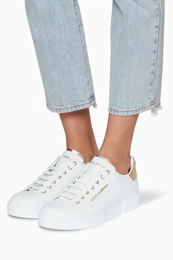 White & Gold Pearl-Detail Portofino Sneakers