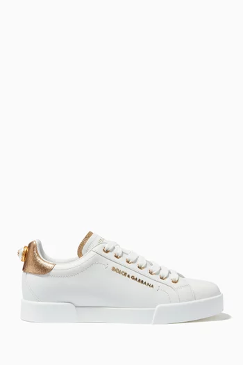 White & Gold Pearl-Detail Portofino Sneakers