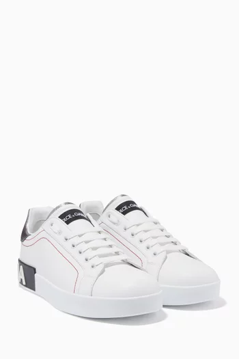 White & Silver Portofino Logo-Heel Sneakers 