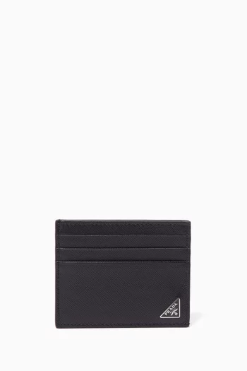 Black Triangle Logo Saffiano Leather Card Holder