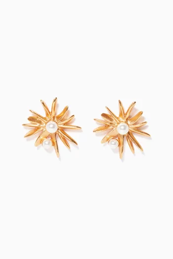 Gold Tone Pearl Starburst Earrings