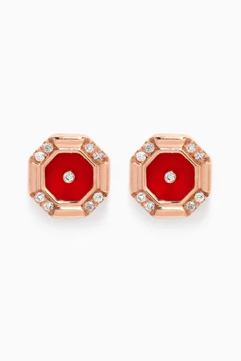Mini Hexagon Red Agate & Diamond Studs in 18kt Rose Gold