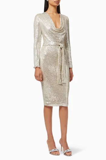 Sequin Belted Dress with Cowl Neck