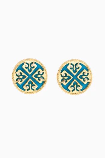 Lace Stud Earrings with Diamonds & Turquoise in 18kt Yellow Gold