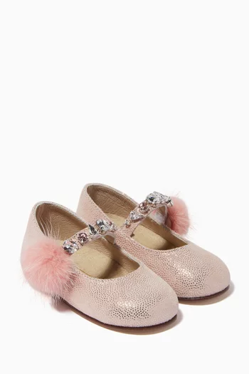 Crystal with Fur-detail Ballerinas in Metallic Leather  