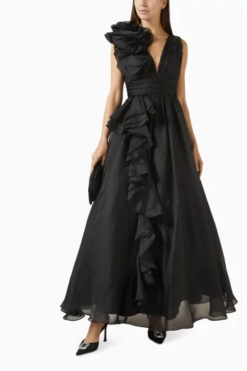 V-neck Ruffle Gown in Chiffon
