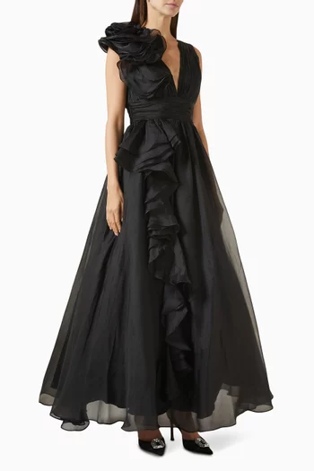 V-neck Ruffle Gown in Chiffon