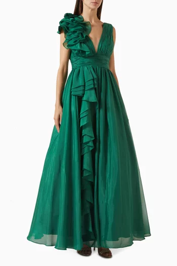 V-neck Ruffle Gown in Chiffon