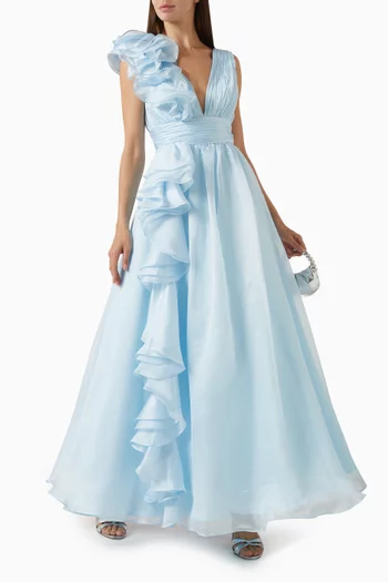 V-neck Ruffle Gown in Chiffon