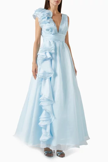 V-neck Ruffle Gown in Chiffon