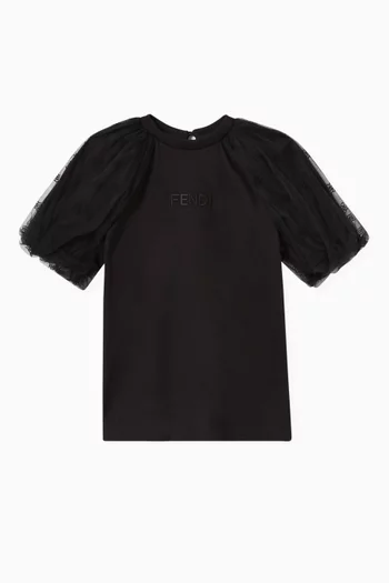 T-shirt with FF Karligraphy Sleeves in Cotton Jersey & Tulle 